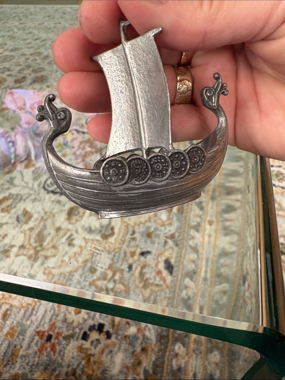 Pewter Viking Ship Figurine - Silver Decorative Accent